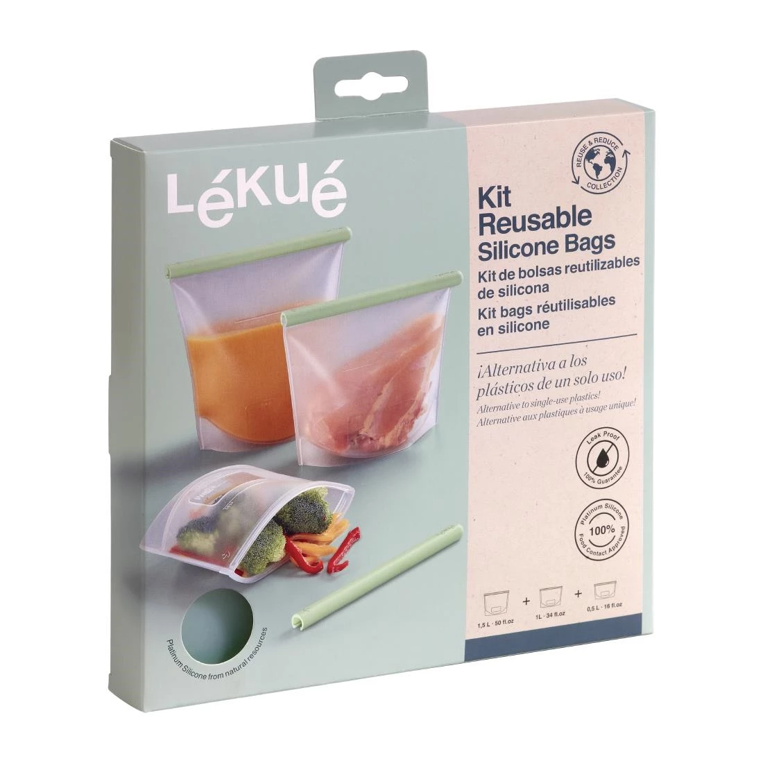 Lekue Reusable Silicone Food Storage Bag Kit (500ml + 1L + 1.5L) 4 Lekue Reusable Silicone Food Storage Bag Kit (500ml + 1L + 1.5L) - Image 2